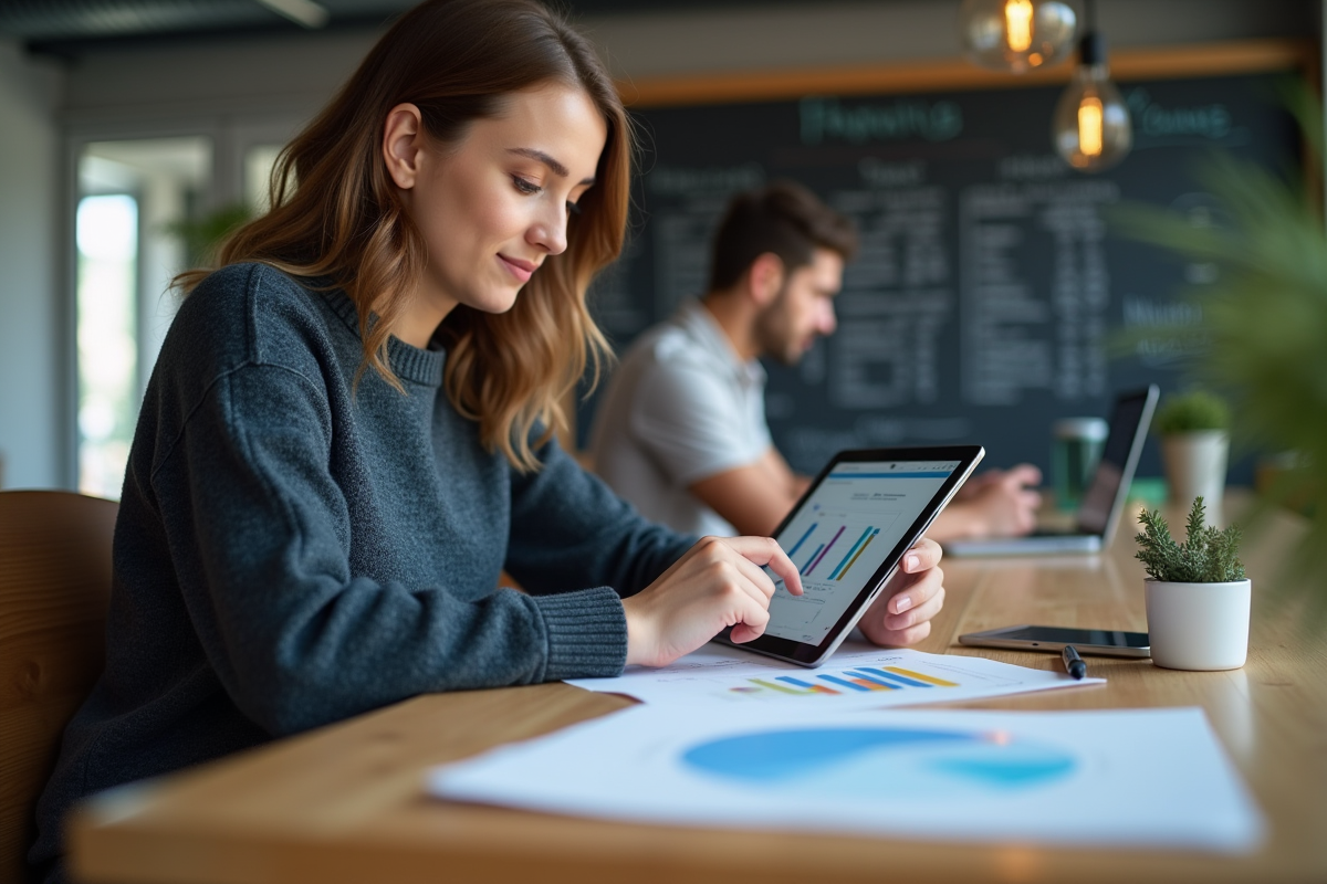 Jeune femme étudiant des graphiques de gestion sur une tablette