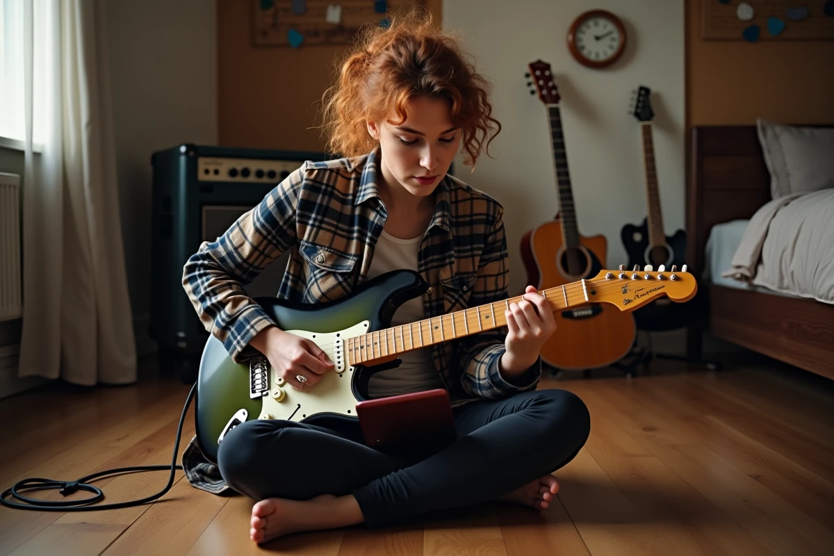 Femme jouant de la guitare électrique dans sa chambre en suivant un cours de guitare en ligne sur tablette