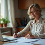 Femme d'âge moyen lisant des papiers dans la cuisine