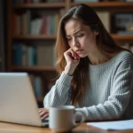 Femme frustrée devant son ordinateur portable face à un formulaire de réinitialisation de mot de passe