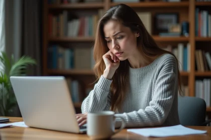Femme frustrée devant son ordinateur portable face à un formulaire de réinitialisation de mot de passe