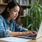 Jeune femme utilisant un ordinateur pour apprendre le caractère ñ
