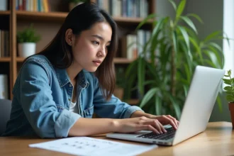 Jeune femme utilisant un ordinateur pour apprendre le caractère ñ