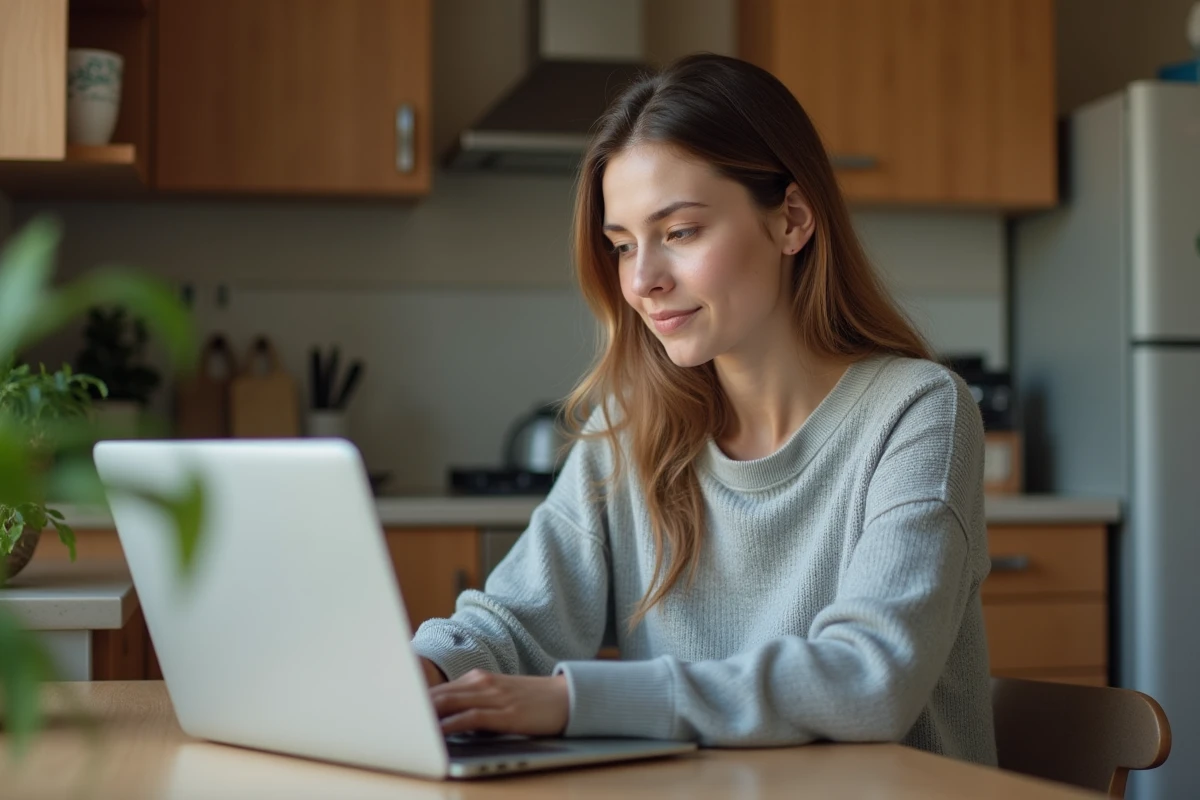 Femme assise à la maison utilisant un quiz numérique
