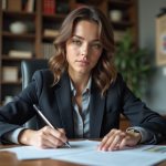 Jeune femme professionnelle examinant des documents dans un bureau moderne