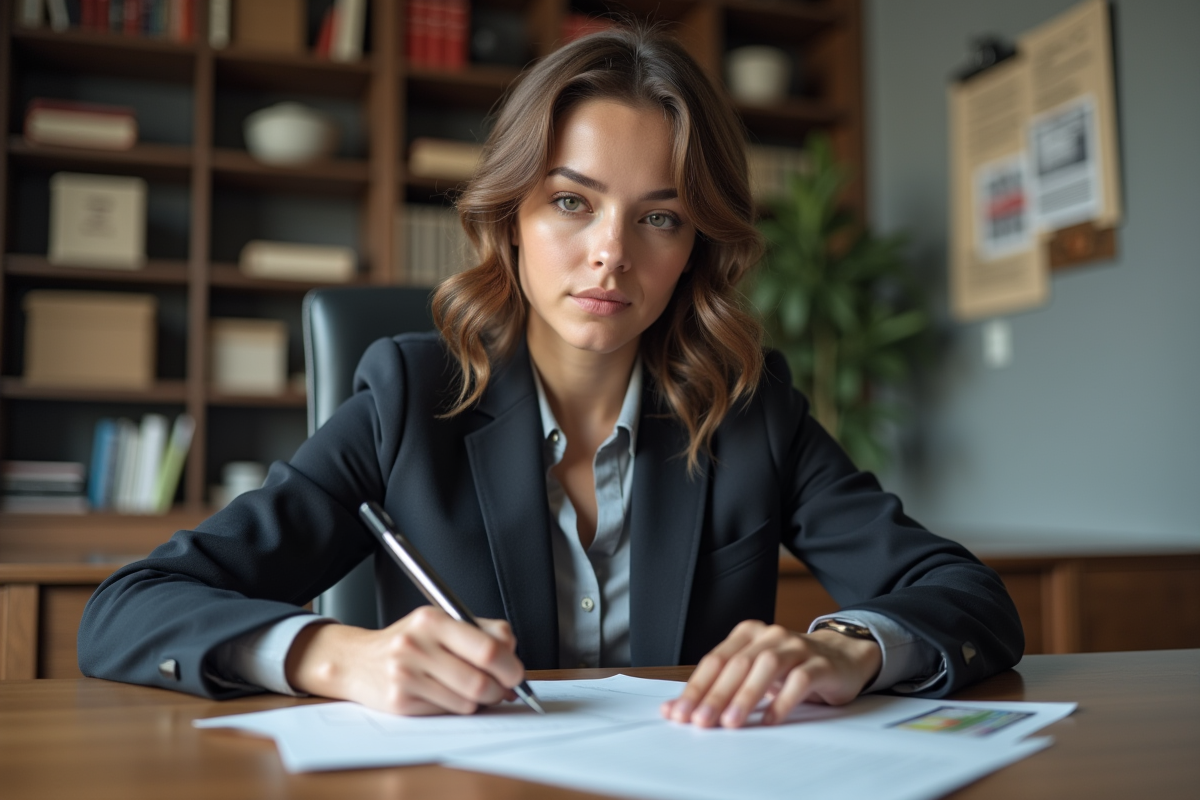 Jeune femme professionnelle examinant des documents dans un bureau moderne