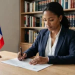 Femme concentrée remplissant un dossier de naturalisation française à son bureau