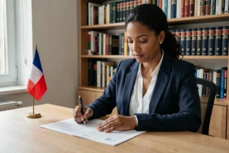 Femme concentrée remplissant un dossier de naturalisation française à son bureau