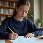 Jeune femme française révisant un exemple de test TOEIC corrigé à son bureau à la maison
