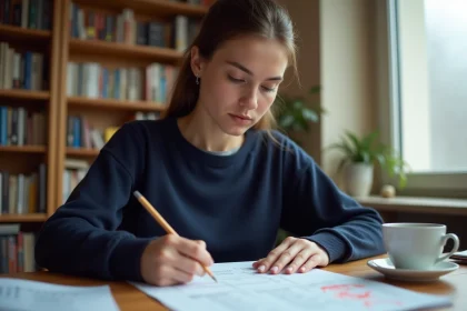Jeune femme française révisant un exemple de test TOEIC corrigé à son bureau à la maison
