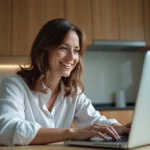 Femme souriante devant son ordinateur dans la cuisine