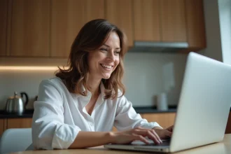 Femme souriante devant son ordinateur dans la cuisine