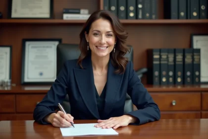 Femme professionnelle signant une lettre dans son bureau