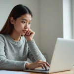 Jeune femme concentrée passant un test de QI en ligne sur un ordinateur portable dans un bureau à domicile moderne