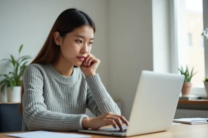 Jeune femme concentrée passant un test de QI en ligne sur un ordinateur portable dans un bureau à domicile moderne