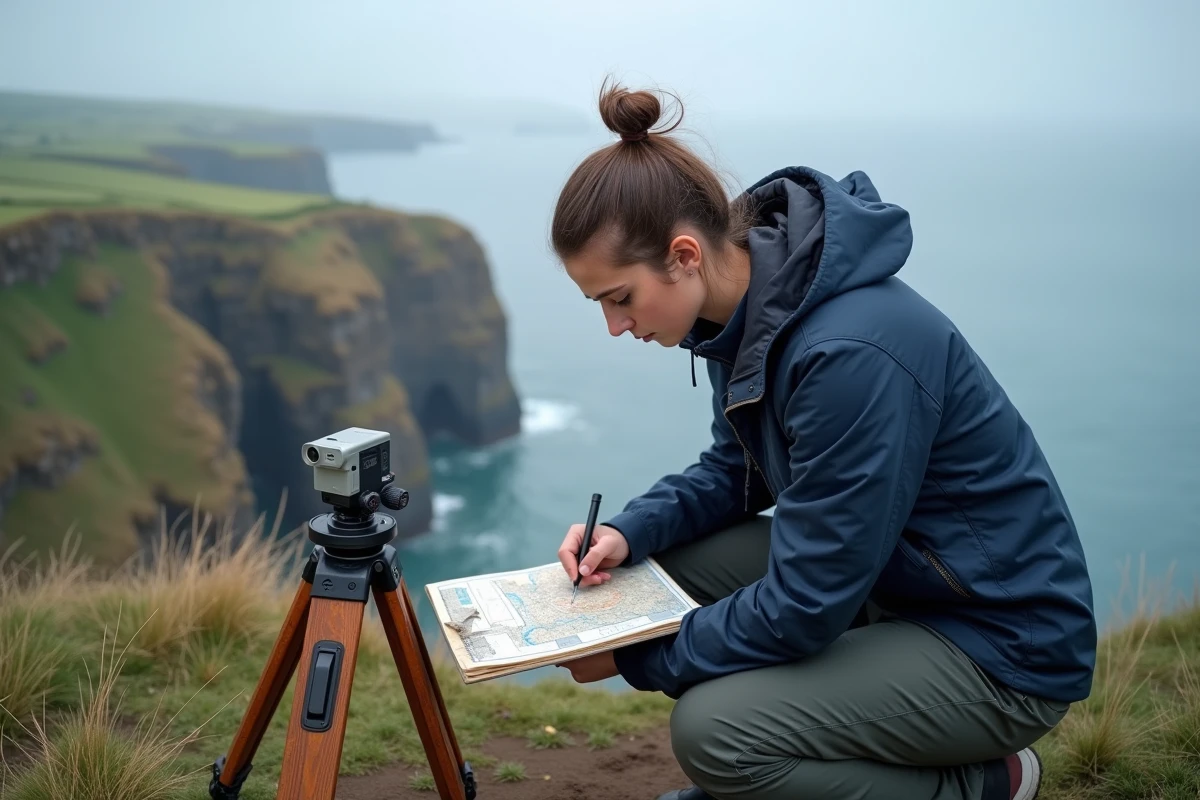 Jeune femme effectuant un relevé topographique sur une falaise côtière, illustration d'un métier rare de terrain lié à la cartographie et aux sciences de la Terre