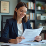 Femme en bureau étudiant des documents officiels avec sérieux
