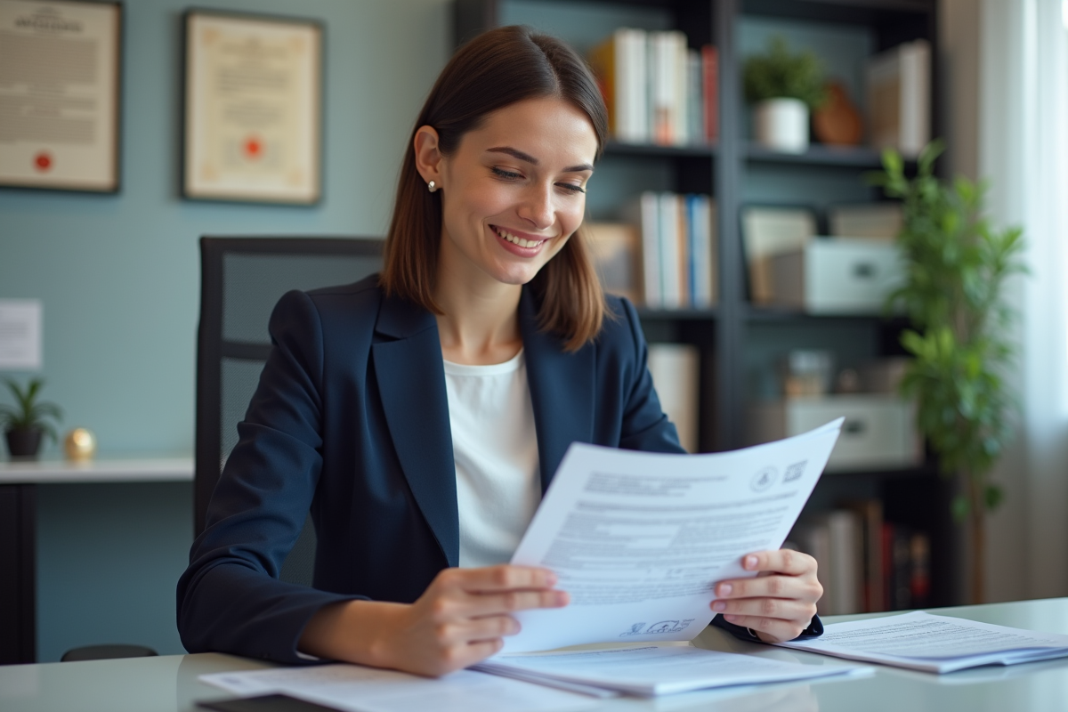 Femme en bureau étudiant des documents officiels avec sérieux
