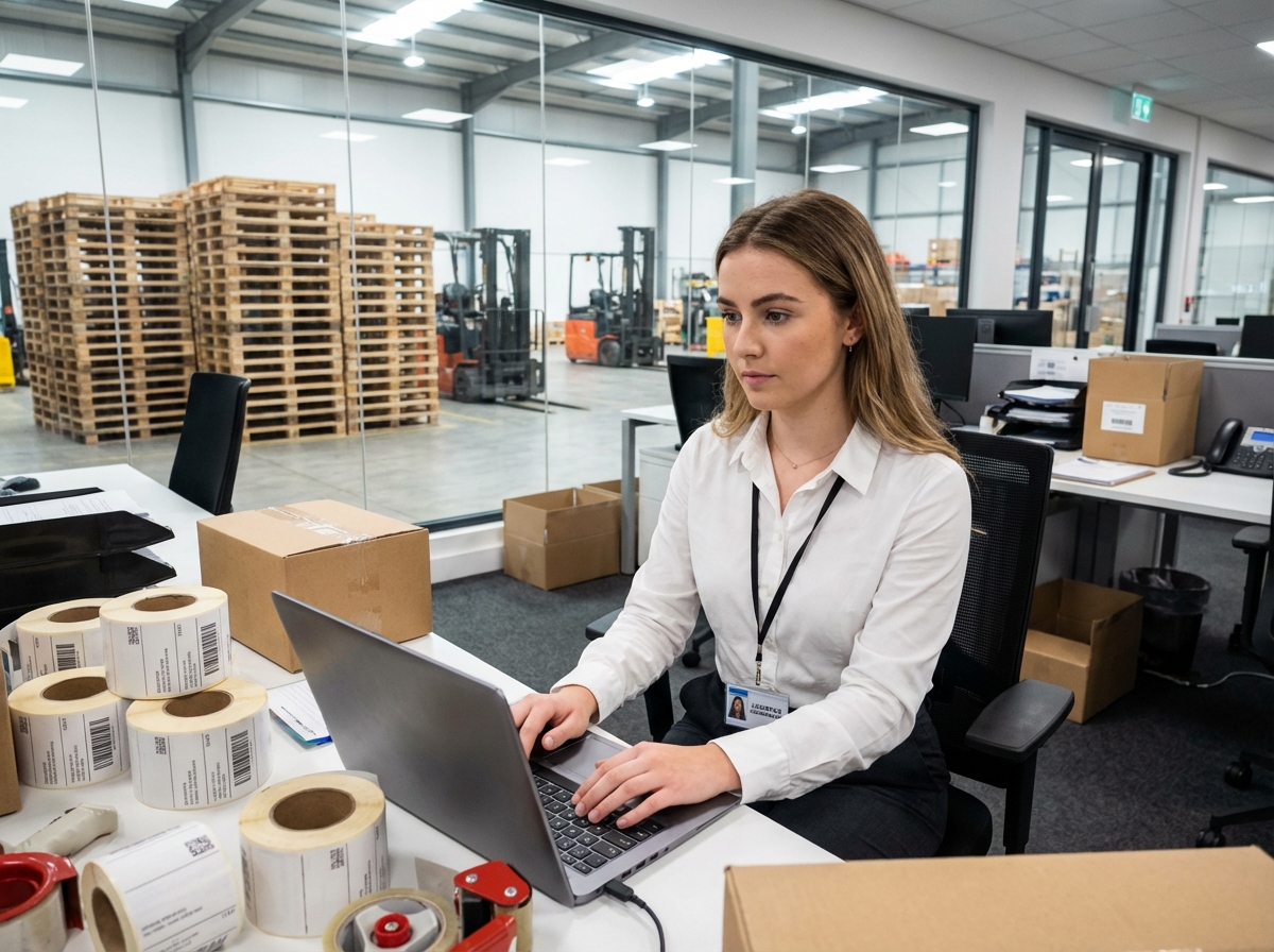 Jeune femme au bureau avec étiquettes et ordinateur