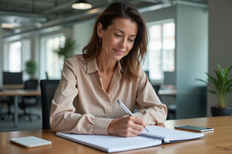 Femme en milieu de carrière écrivant dans un carnet dans un bureau lumineux