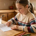 Jeune fille de CE2 faisant ses devoirs de lecture sur une fiche imprimée à la table de cuisine