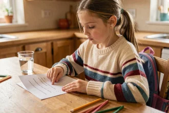 Jeune fille de CE2 faisant ses devoirs de lecture sur une fiche imprimée à la table de cuisine