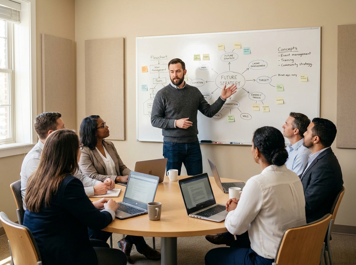 Un formateur en reconversion explique un concept à un groupe d'adultes en formation professionnelle dans une salle dédiée