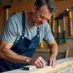 Homme en tablier de bricolage mesurant une planche en bois dans un atelier organisé, illustrant les compétences pratiques acquises en formation bricolage