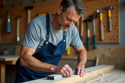 Homme en tablier de bricolage mesurant une planche en bois dans un atelier organisé, illustrant les compétences pratiques acquises en formation bricolage