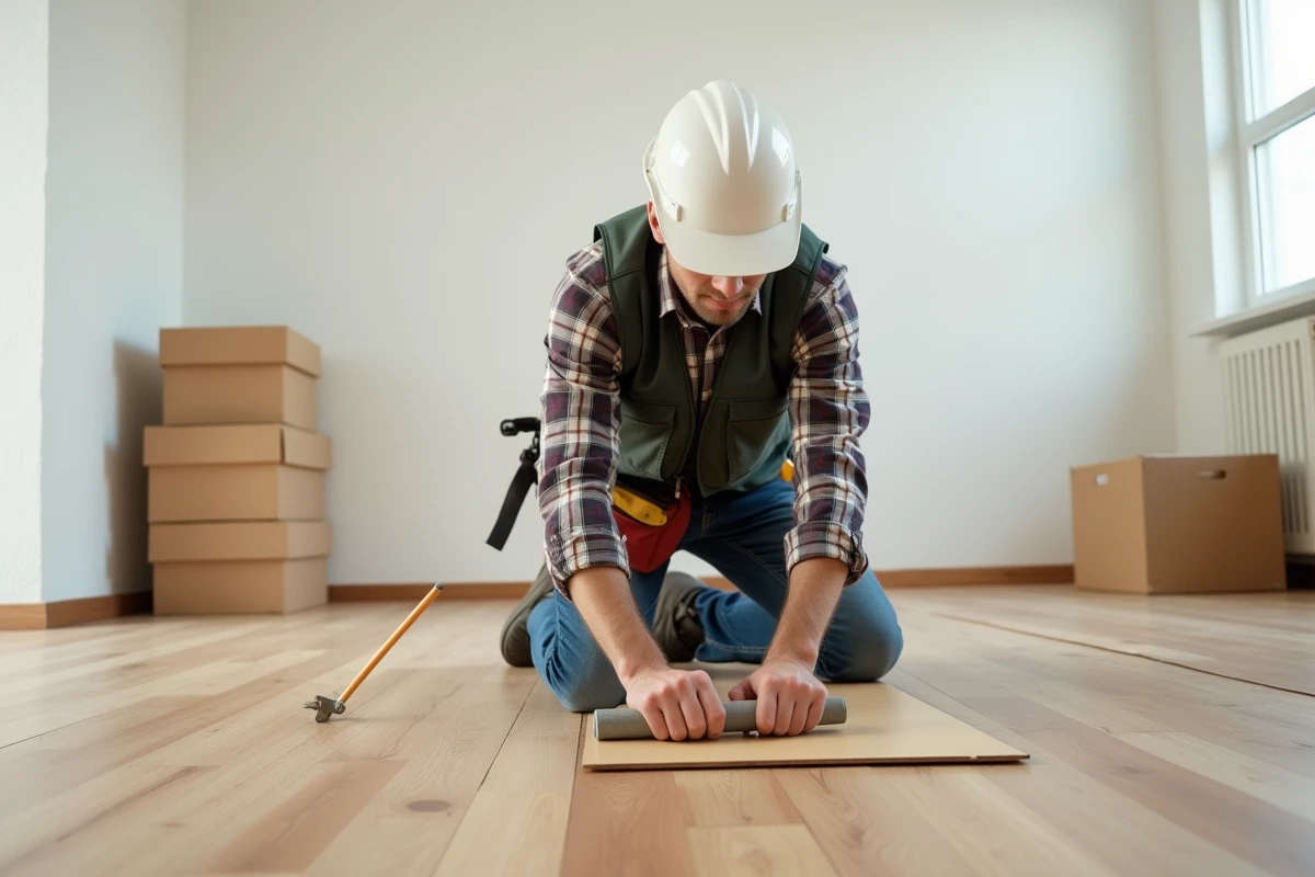 Homme posant un parquet stratifié dans un salon en cours de rénovation, illustrant l'acquisition de compétences en revêtement de sol lors d'une formation bricolage certifiante