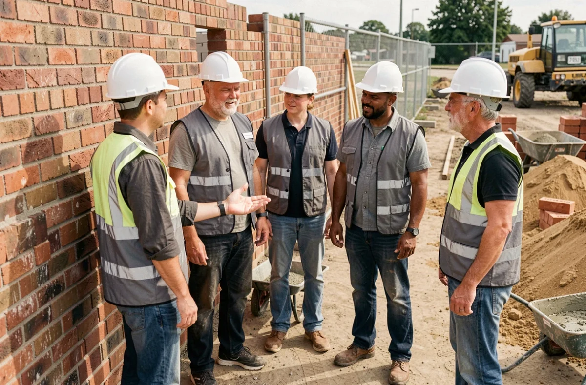 Groupe de stagiaires BTP en formation pratique sur un chantier école avec un formateur expérimenté