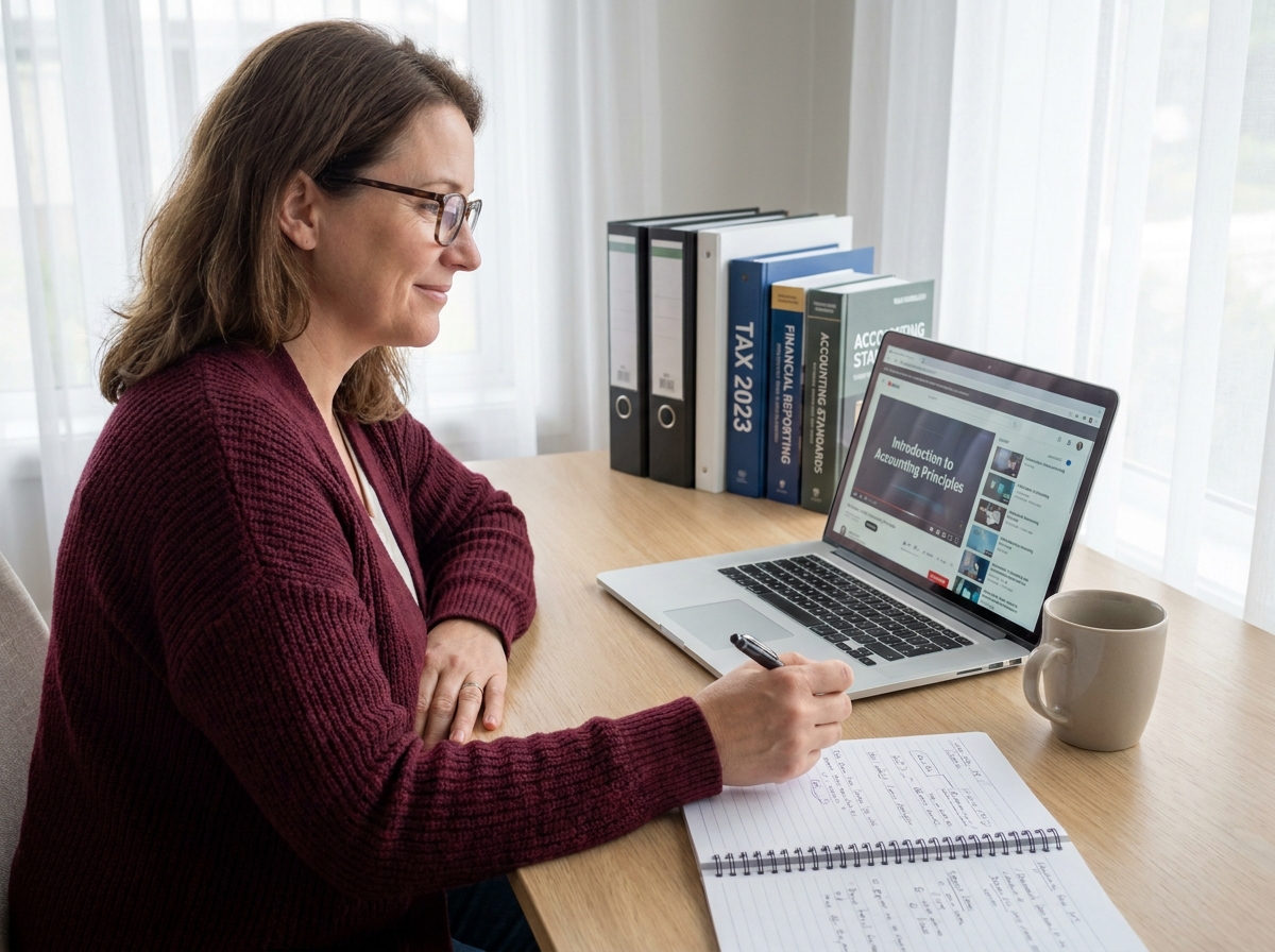 Femme suivant une formation comptable en ligne depuis son bureau à domicile