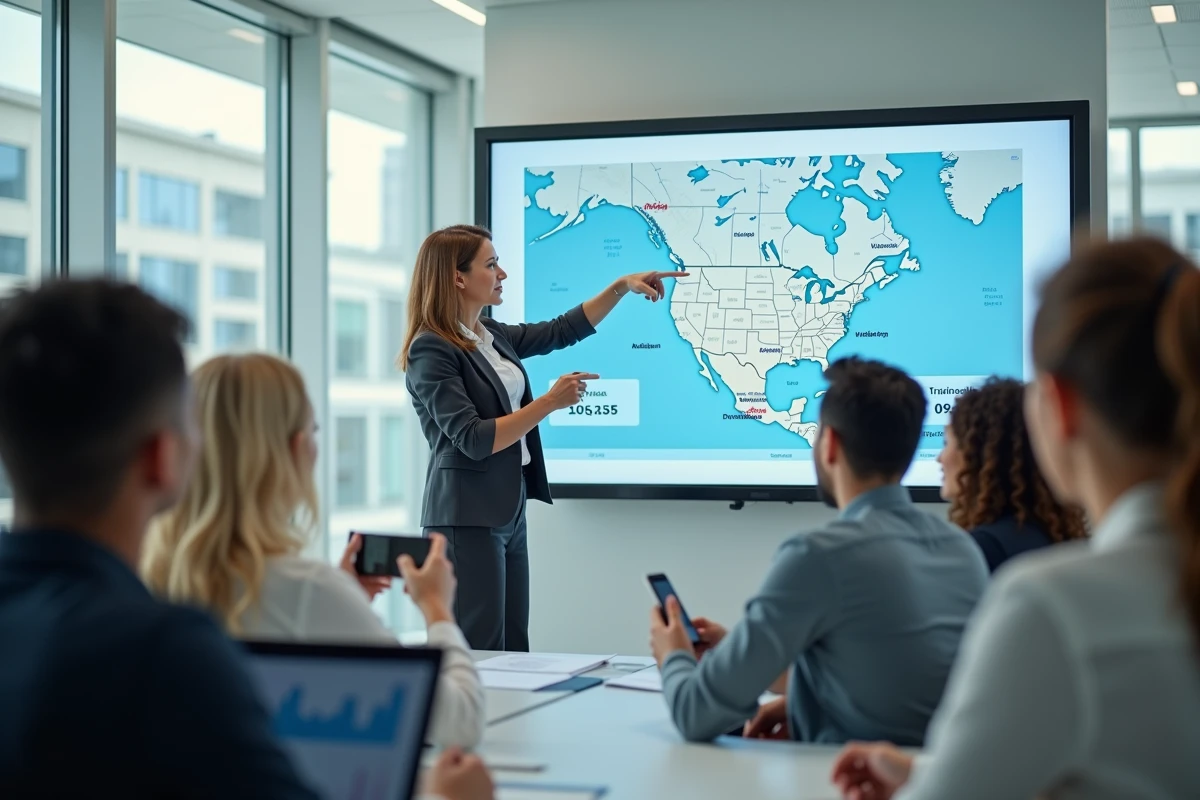Instructrice pointant un écran interactif en formation tourisme