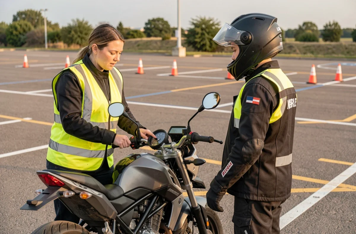 Monitrice d'auto-école moto expliquant les commandes d'une moto A2 à un élève dans un centre de formation