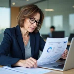 Femme cadre en formation professionnelle dans un espace de travail moderne, consultant des documents de remise à niveau des compétences