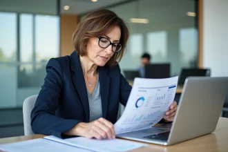 Femme cadre en formation professionnelle dans un espace de travail moderne, consultant des documents de remise à niveau des compétences