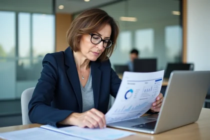 Femme cadre en formation professionnelle dans un espace de travail moderne, consultant des documents de remise à niveau des compétences