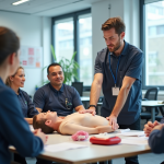 Formateur enseignant les gestes de secourisme à un groupe d'adultes