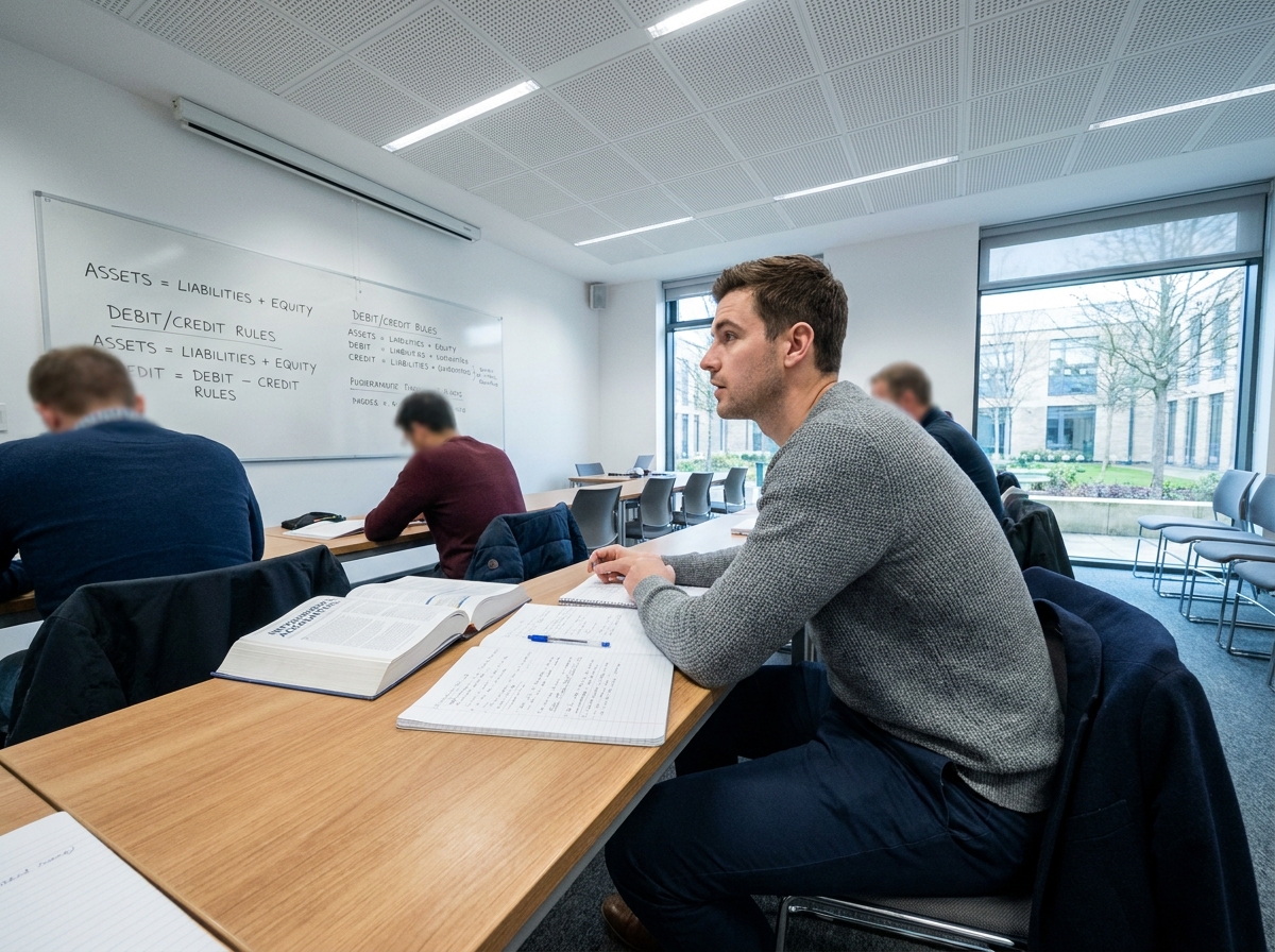 Étudiant en formation secrétaire comptable en salle de cours avec manuel et notes