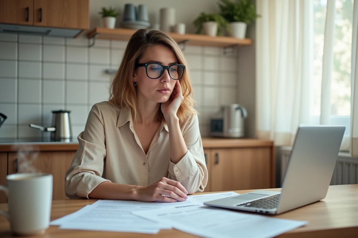 Femme concentrée sur des formulaires administratifs pour le permis 125 cm3 à la maison, représentant les erreurs courantes dans les démarches d'inscription