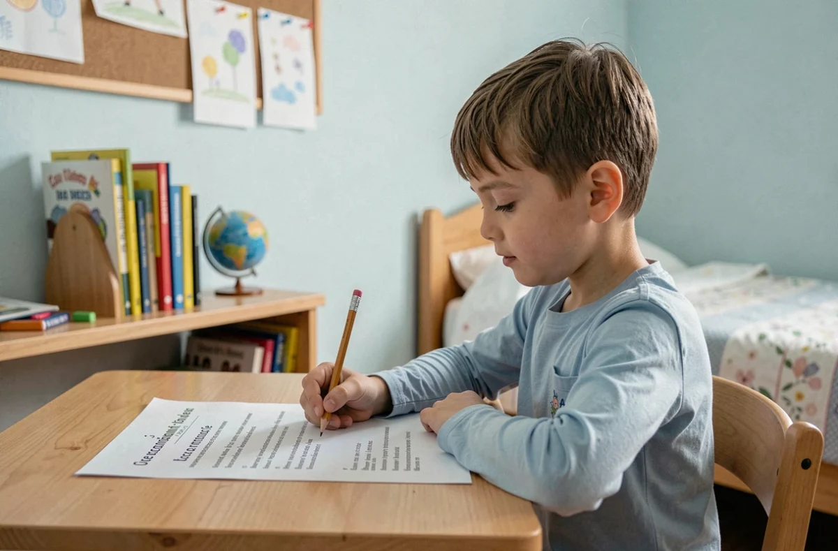 Garçon de CE2 lisant seul un exercice de compréhension imprimé à son bureau dans sa chambre