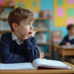 Garçon de 10 ans pensif en classe avec livre ouvert