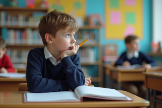 Garçon de 10 ans pensif en classe avec livre ouvert