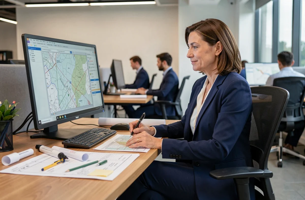 Géomètre experte analysant des données topographiques et des plans dans un bureau moderne