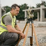 Géomètre professionnel utilisant une station totale sur un chantier de construction en 2026