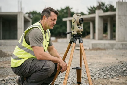 Géomètre professionnel utilisant une station totale sur un chantier de construction en 2026