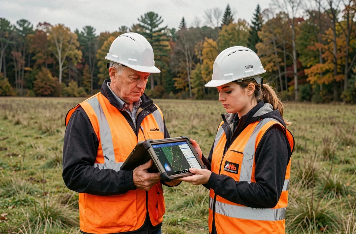 Deux géomètres collaborant sur le terrain avec un logiciel SIG dans un environnement rural