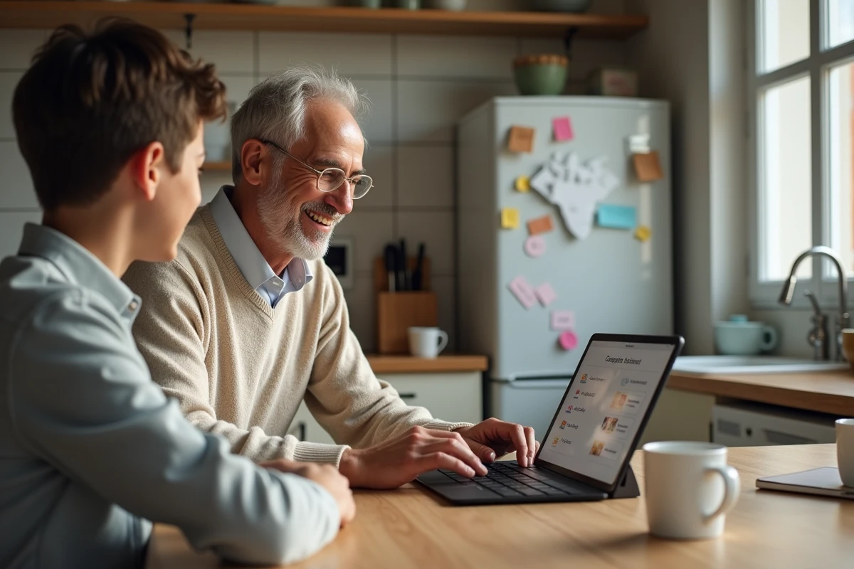 Grand père montrant la touche ñ à un adolescent dans la cuisine
