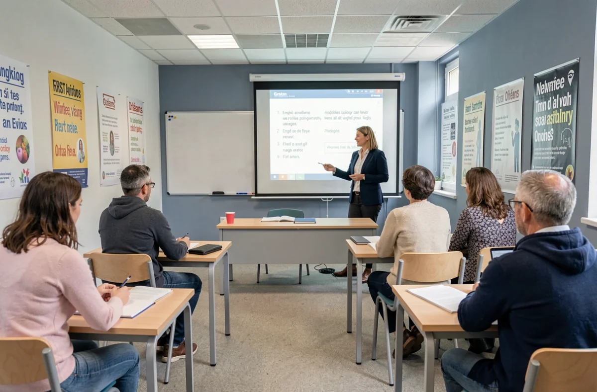 Salle de formation du Greta Val de Loire à Orléans avec un groupe d'adultes en cours d'anglais