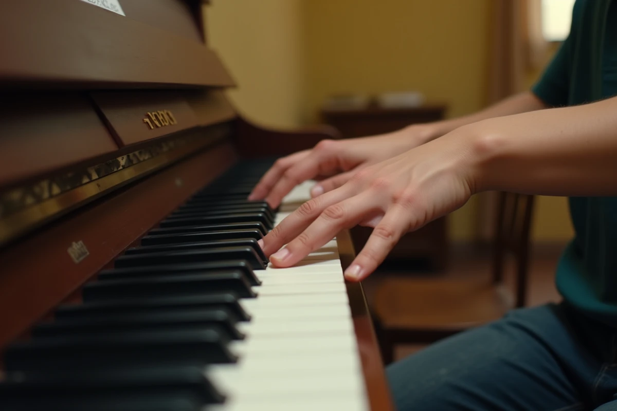 Gros plan de mains de débutant sur les touches d'un piano acoustique lors d'une première session d'apprentissage